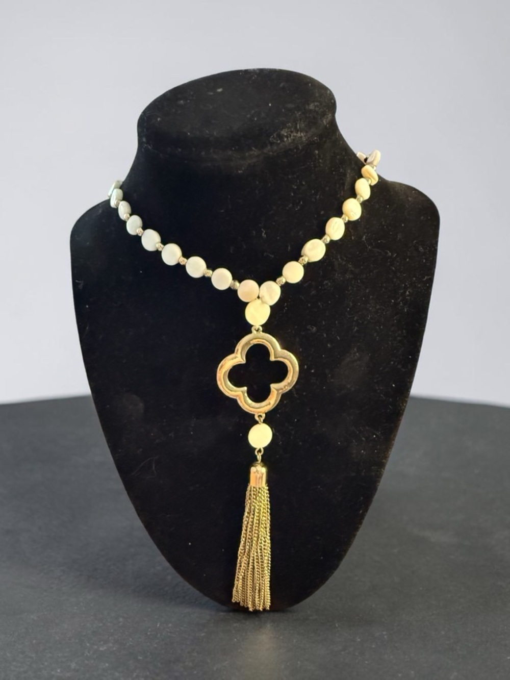 Boho Natasha Gold Quatrefoil Tassel Necklace White Beads Clover Pendant Long 32”